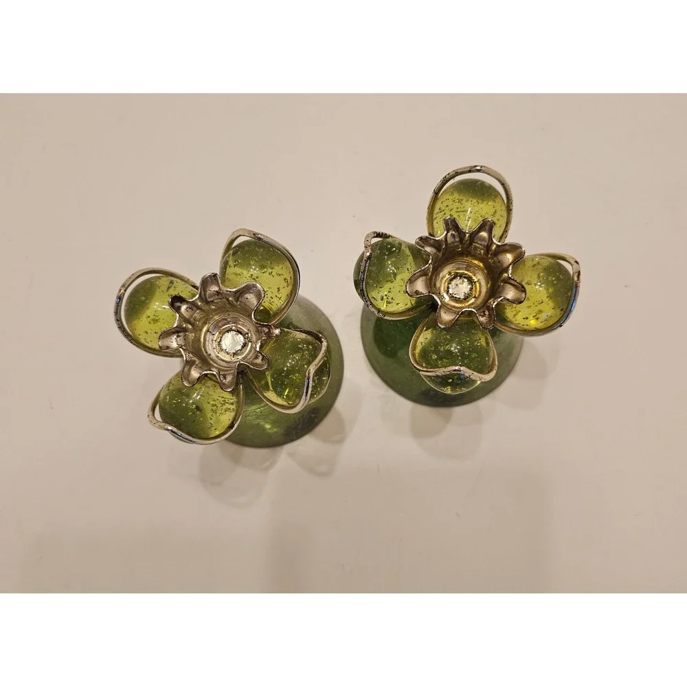 Vintage Olive Green Acrylic Taper Candlestick Holders Seeded Bubble Set of 2